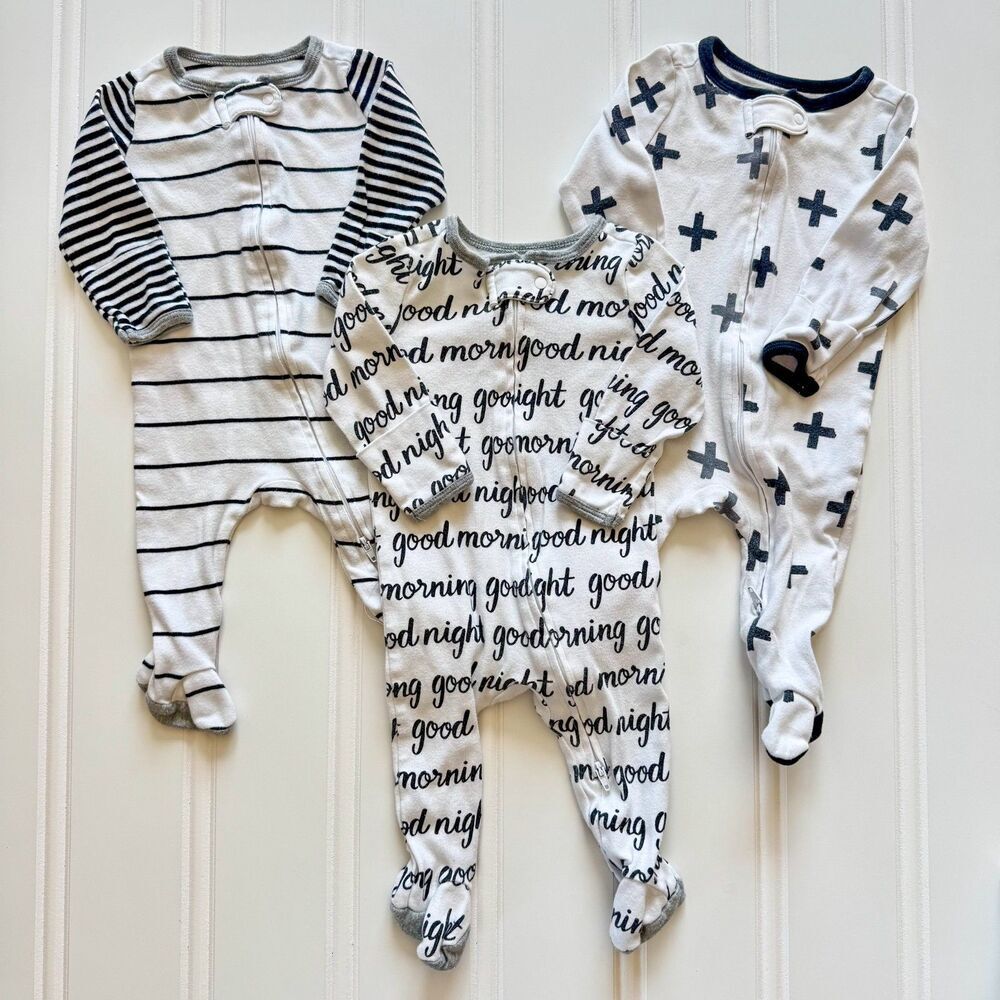 Set of 3 Cloud Island Gender Neutral Cotton Top Down Zip Baby Footies 0-3 Months